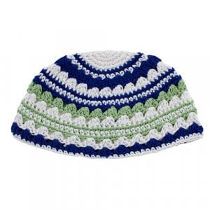 Frik Kippah  Thick Weave of Crocheted White, Blue and Green Horizontal Stripes