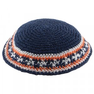 Blue Knitted Kippah with Blue and Orange Border