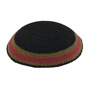 Black Knitted Kippah with Maroon and Camel Border