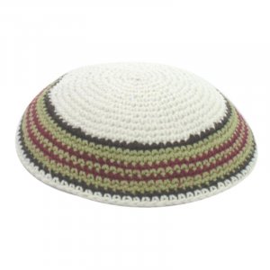 White Knitted Kippah with Maroon and Green Border Stripes