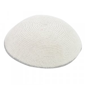 White Knitted Kippah with Silver Border Stripe