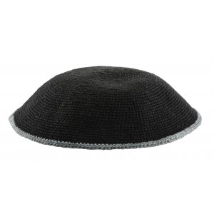 Black DMC Knitted Kippah with Thin Gray Border Stripe