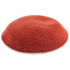 Orange DMC Knitted Kippah with Thin White Border Stripe