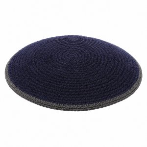 Flat Blue DMC Knitted Kippah with Gray Border Stripe
