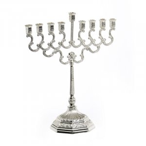 Nickel Plated Curly Design Chanukah Menorah, Silver - 8" height