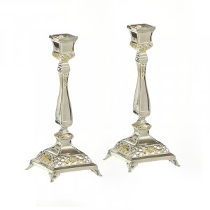Silver Plated Shabbat Candlesticks with Gold Tints - Height 6.6"