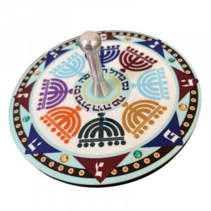 Dorit Judaica Decorative Sparkling Dreidel with Stand - Colorful Menorahs Design