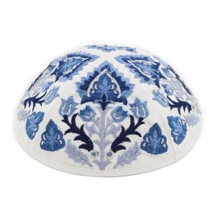 Yair Emanuel Cotton Poly Kippah with Embroidered Oriental Nature Design  Blue