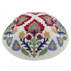 Yair Emanuel Cotton Poly Kippah with Embroidered Oriental Nature Motif  Colorful