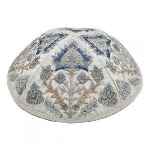 Yair Emanuel Cotton Poly Kippah with Embroidered Oriental Nature Motif  Silver
