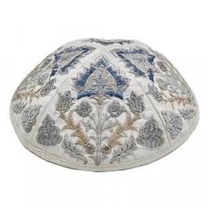 Yair Emanuel Cotton Poly Kippah with Embroidered Oriental Nature Motif – Silver