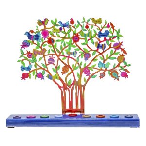 Yair Emanuel Hand Painted Chanukah Menorah, Colorful Pomegranate Tree and Birds