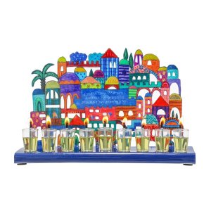 Yair Emanuel Hand Painted Chanukah Menorah, Colorful Jerusalem View