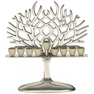 Aluminum Chanukah Menorah With Hammered Cups and Branches Backdrop - 12.9"