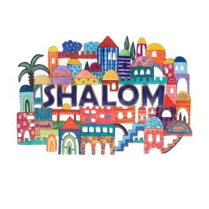 Yair Emanuel Large Hand Painted Wall Hanging - Jerusalem with Shalom (English)