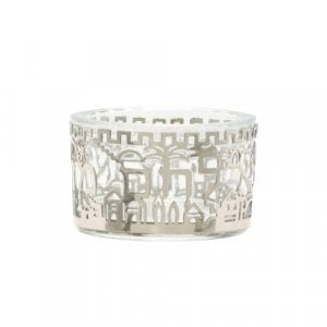 Yair Emanuel Glass Salt Dish with Metal Cutout Jerusalem Design  Silver