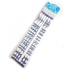 Six Souvenir Wood Pencils Decorated with Star of David, Menorah and Jerusalem