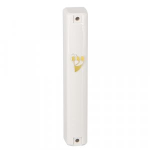 White Plastic Lucite Mezuzah Case with Gold Shin Letter - Various Lengths