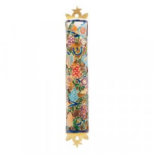 Yair Emanuel Mezuzah Case with Etched Colorful Design - Flowers