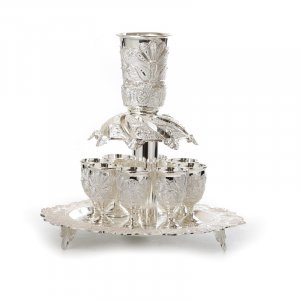 Silver Plated Raised Kiddush Fountain, 8 Small Stem Cups - Decorative Filigree