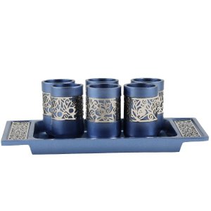Yair Emanuel Six Pomegranate Decorated Kiddush Cups on Tray – Blue and Silver