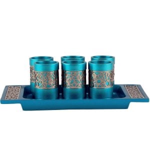 Yair Emanuel Six Pomegranate Decorated Kiddush Cups on Tray - Turquoise & Sivler