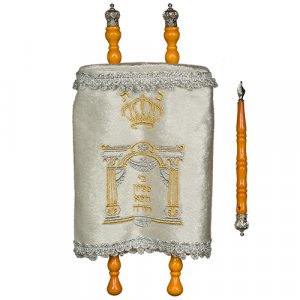 Torah Scroll for Children with Embroidered Velvet Cover & Pointer, White - Small