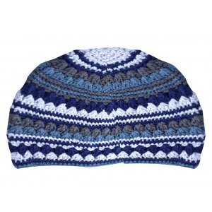 Hand Made Blue DMC Frik Kippah with White and Grey Shades