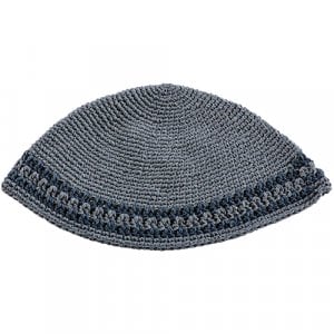 Hand Made Knitted Fabric Gray Frik Kippah with Dark Gray Decorative Border