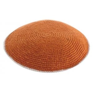 Light Rust DMC Knitted Kippah with Off White Border Stripe