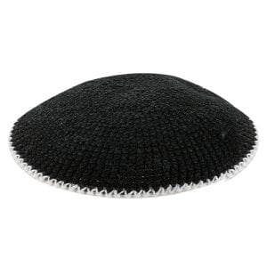 Black DMC Knitted Kippah with White Border Stripe