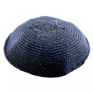 Blue Knitted Kippah with Blue Star of David Design on Crown