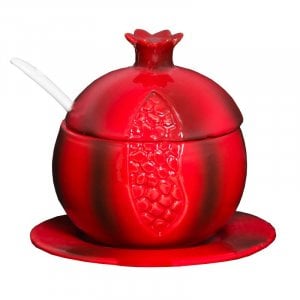 Red Pomegranate Shaped Honey Dish on Plate with Lid and White Spoon - Ceramic