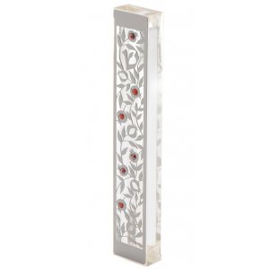 Dorit Judaica Large Lucite Mezuzah Case, Pomegranate Overlay with Crystals - Red