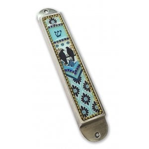 Iris Design Handcrafted Pewter & Enamel Beaded Light Blue Mezuzah Case - Love Birds