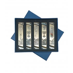 Set of 5 Mezuzah Cases with Decorative Judaica Motifs, Brass - 4" Length