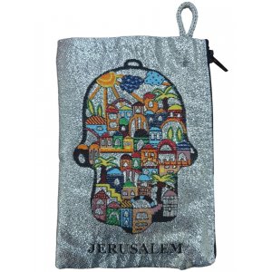 Embroidered Fabric Purse-Wallet, Colorful - Glittery Jerusalem Hamsa