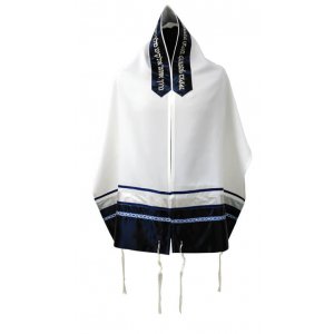 Ronit Gur White Tallit Set With Black and Blue Stripe