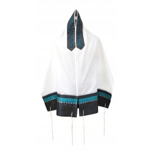 Ronit Gur White Tallit Set With Gray and Blue Stripes