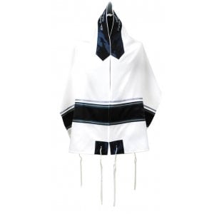 Ronit Gur Off-White Viscose Tallit Set, Black and Gray Stripes - With Bag & Kippah