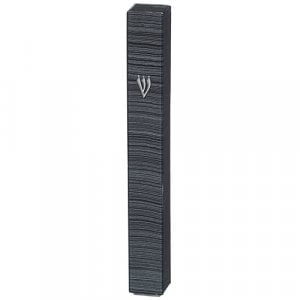 Dark Gray Plastic Mezuzah Case with Fine Gray Stripes, Silver Shin  Three Sizes