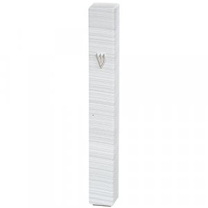 White Plastic Mezuzah Case with Fine Silver Stripes, Silver Shin  Various Sizes