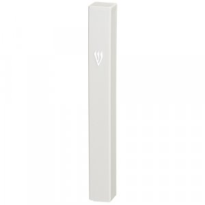 White Plastic Mezuzah Case, Silver Shin – Option: for 12 cm or 10 cm Scroll