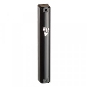 Rounded Black Plastic Mezuzah Case, Silver Artistic Shin