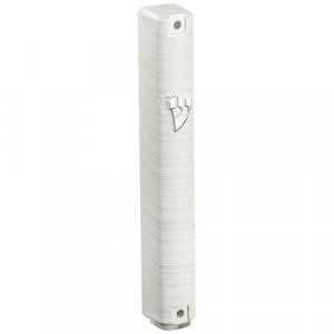 Metallic Look Mezuzah Case with Narrow White-Silver Stripes - Silver Shin