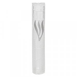 Transparent Plastic Mezuzah Case with Western Wall Design and Silver Shin