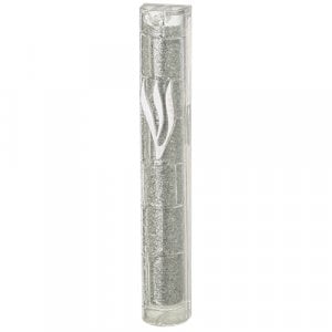 Glittering Metal Look Plastic Mezuzah Case with Western Wall Image  Silver Shin