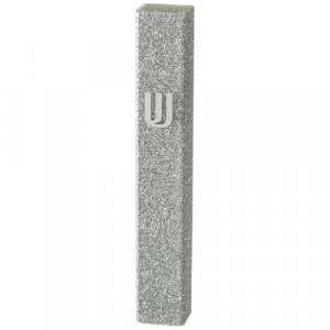 Perspex Mezuzah Case of Glittering Gray Silver, Silver Shin - Scroll of 12 cm