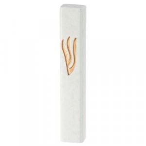 White Marble Polyresin Mezuzah Case, Decorative Gold Shin - For 12 cm Scroll