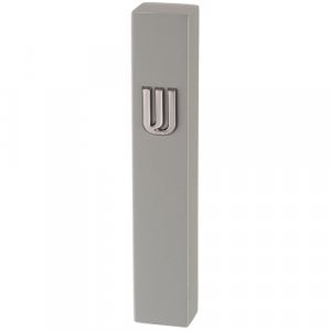 Gray Polyresin Mezuzah Case with Stone Effect, Silver Shin - For 12 cm Scroll